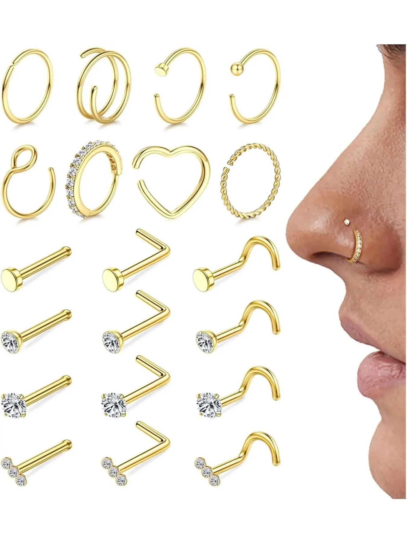 18g 20g Nose Rings Hoops Hinged Nose Ring Nose Studs - Hypoallergenic Steel CZ Nose Stud L Shape Body Nostril Piercing Jewelry for Women Men 14k Gold Plated 20Pcs
