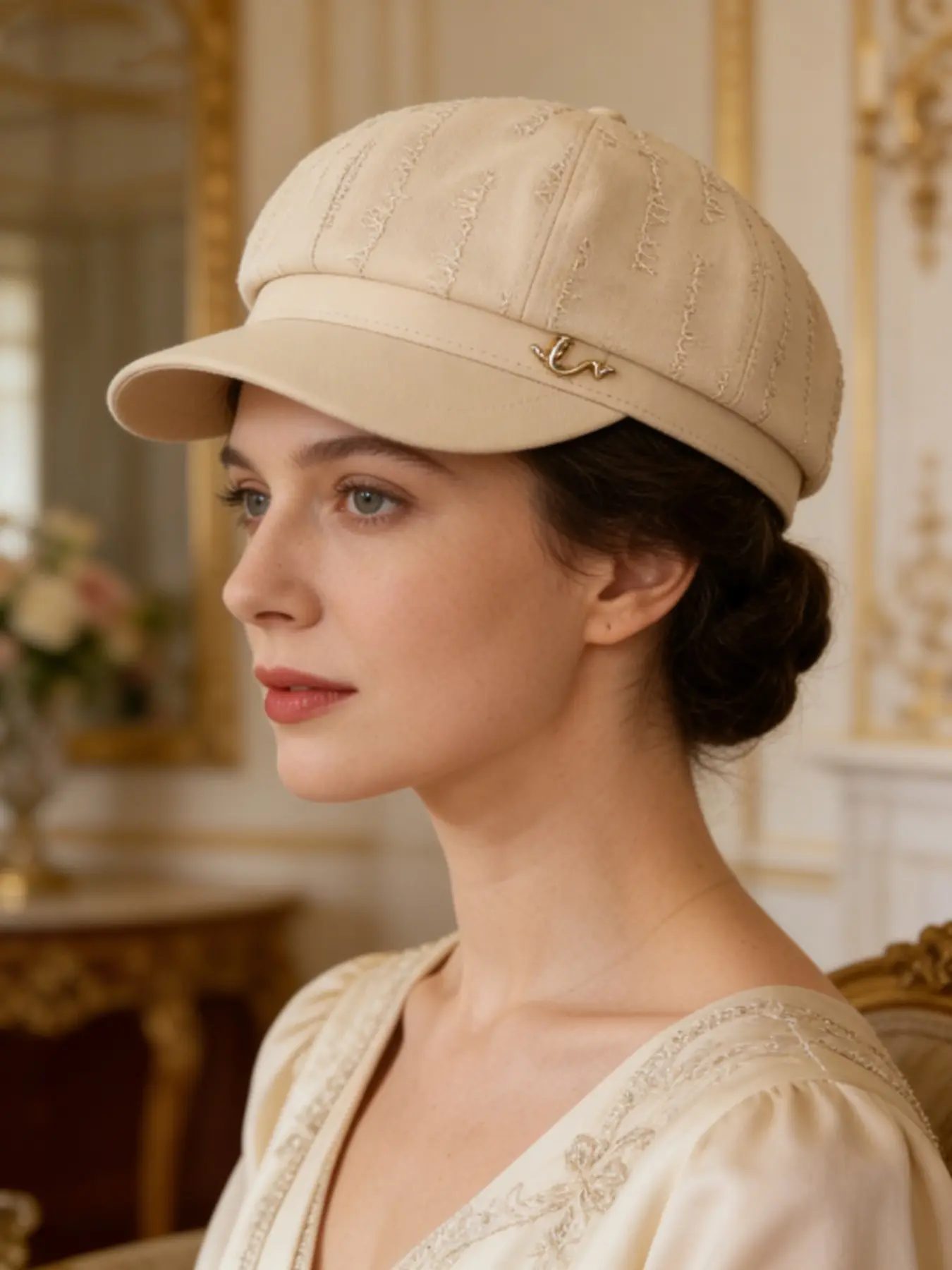 Women's Elegant Embroidered Octagonal Beret Hat, Letter Stitching & Metal Decoration, Fall Winter Fashion Accessory