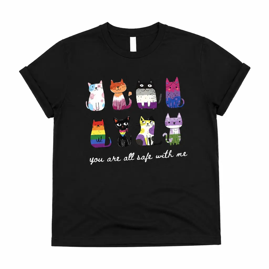 “You Are All Safe With Me” diversity-themed apparel with feline print, supportive rainbow community graphic T-shirt, inclusive short-sleeve crewneck top