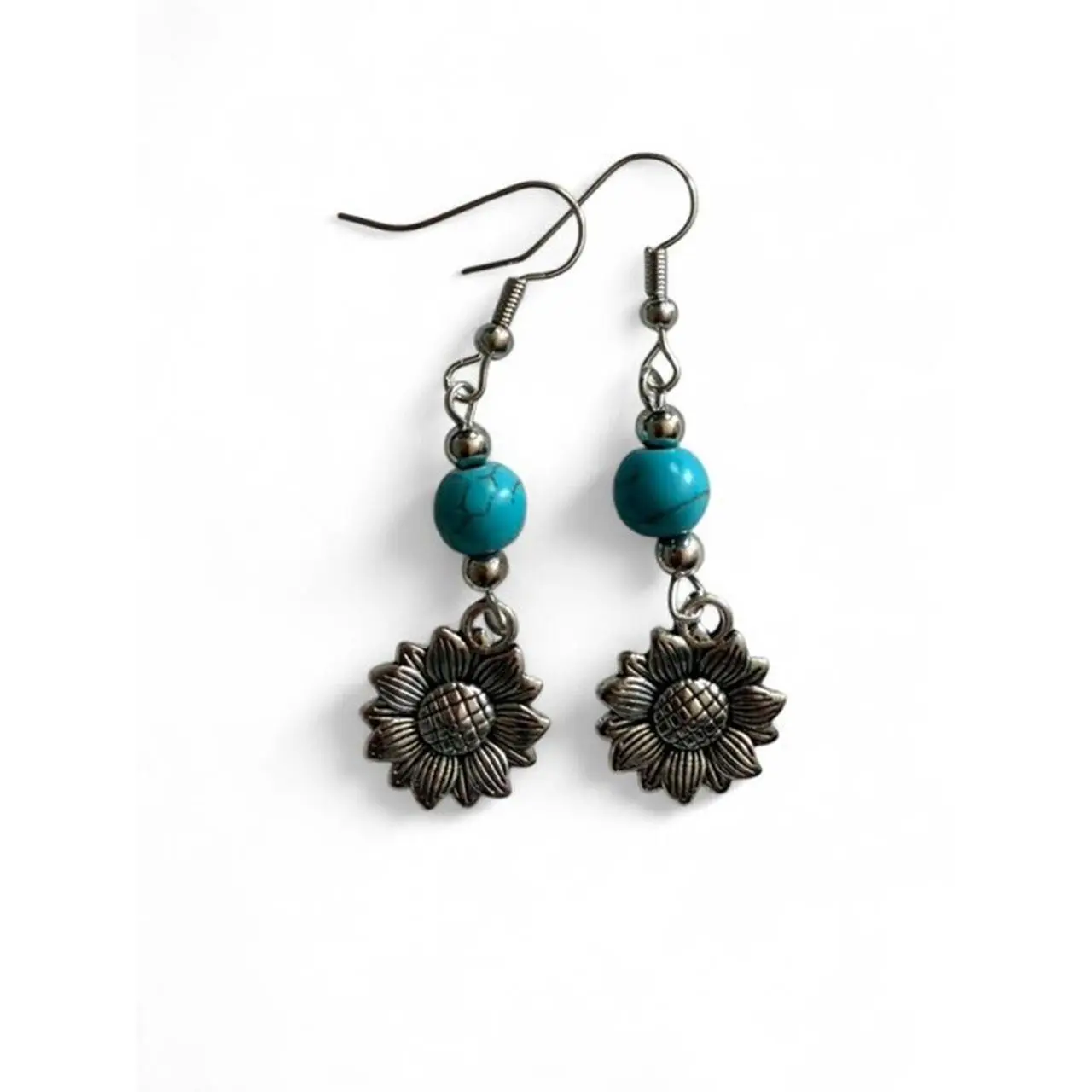 Sunflower Earrings with Turquoise Beads and Metal Sunflower Design