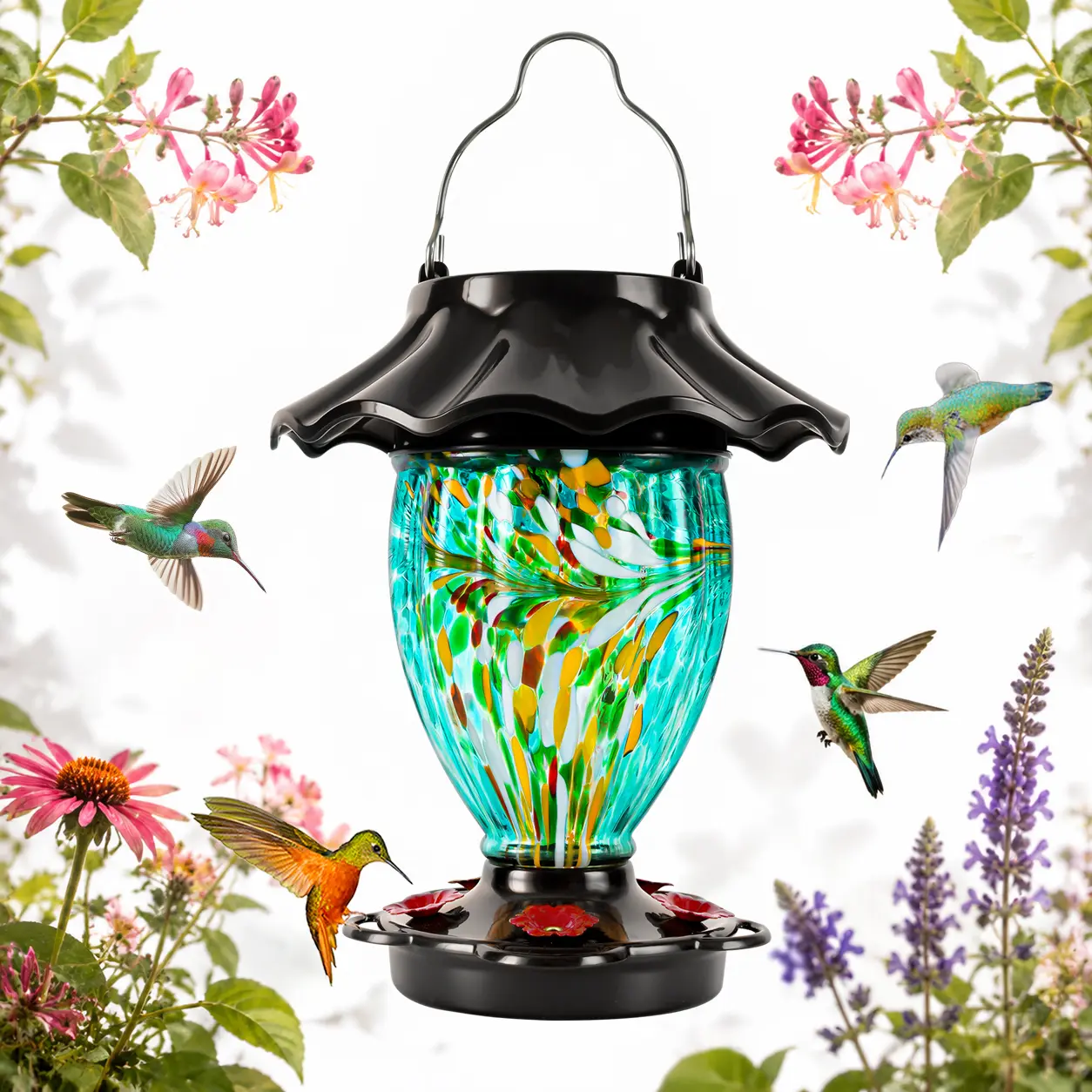RGB Solar Hummingbird Feeder – Color-Changing Garden Lantern with Hand-Blown Glass, 32oz Large Leak-Proof, Outdoor Décor & Perfect Gift for Bird Lovers