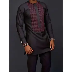 Men's Patchwork Ethnic Pattern Two-piece Set, Regular Fit Long Sleeve Split Side Top & Drawstring Waist Pocket Pants, Men Two-piece Outfits for All Seasons