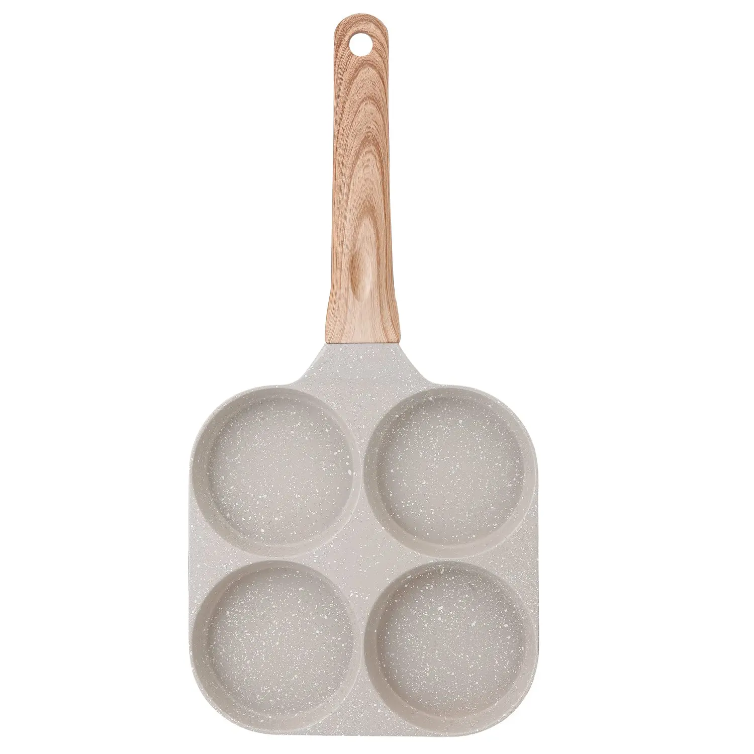 Multifunctional Non-stick Egg Frying Pan – 4 Holes Skillet with Wooden Handle, Medical Stone Omelet Maker for Pancakes, Burgers, Breakfast & Quick Cooking at Home.Non-stick Beige Cookware frying pan.Nonstick Woks