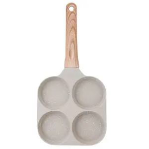 Multifunctional Non-stick Egg Frying Pan – 4 Holes Skillet with Wooden Handle, Medical Stone Omelet Maker for Pancakes, Burgers, Breakfast & Quick Cooking at Home.Non-stick Beige Cookware frying pan.Nonstick Woks