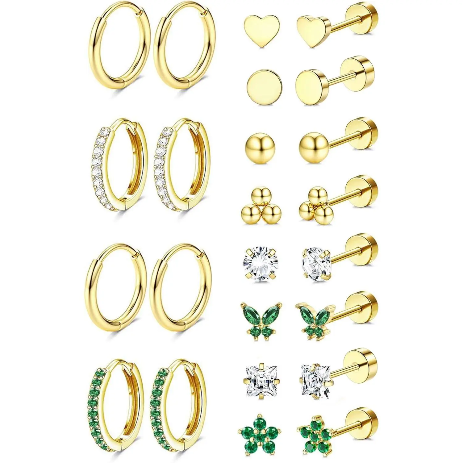 CASSIECA Unisex Gold-Plated Small Stud Huggie Hoop Earrings Set - Surgical Steel Flatback Earrings, Hypoallergenic Gold-Toned Metal Jewelry for Ear Stack & Multiple Piercings, Summer Gift, Flatback Earrings Earrings, Gold-Toned Metal Earrings