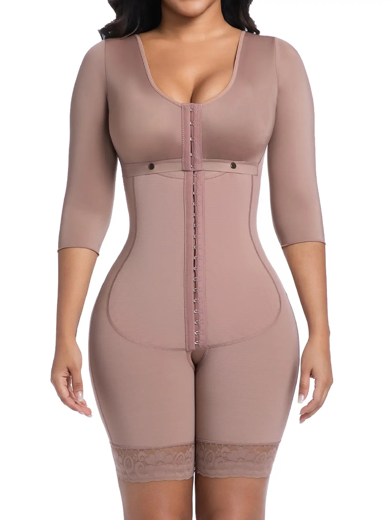 Women's Three-Quarter Sleeve Soft Knit Fabric Round Neck Underwear Compression Body Shapewear Faja Shaper Bodysuit, Front-Button Design with Dual Buckle Closure, Strong Waist-Cinching Effect, Fall and Winter Essential