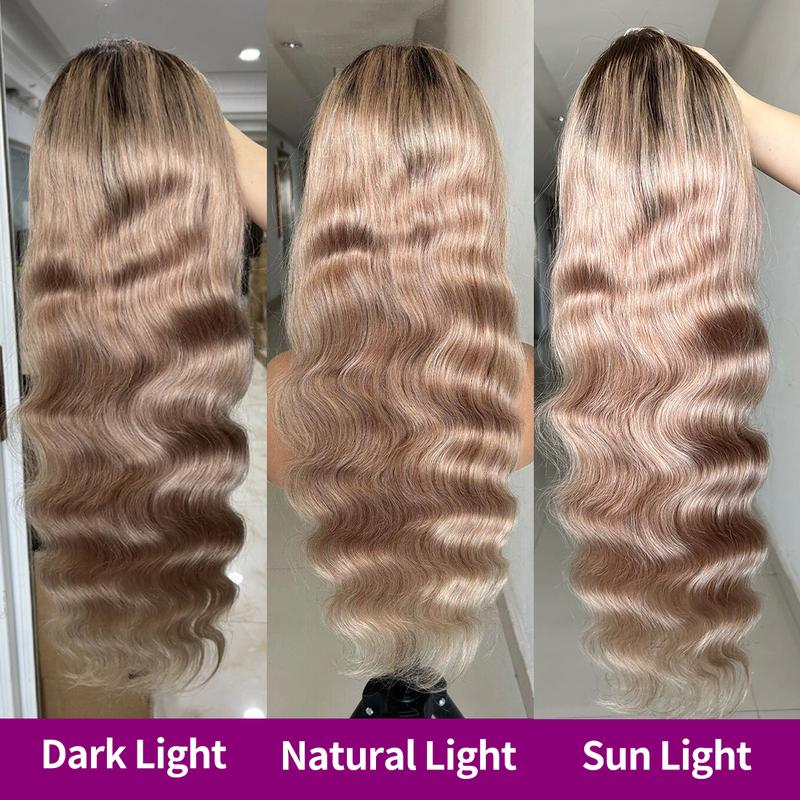 Ombre Brown Roots Ash Blonde Wigs Human Hair 180% Density 13x6 Body Wave HD Thin Lace Front Wig for Women Glueless Ombre Blonde Colored Lace Front Wigs