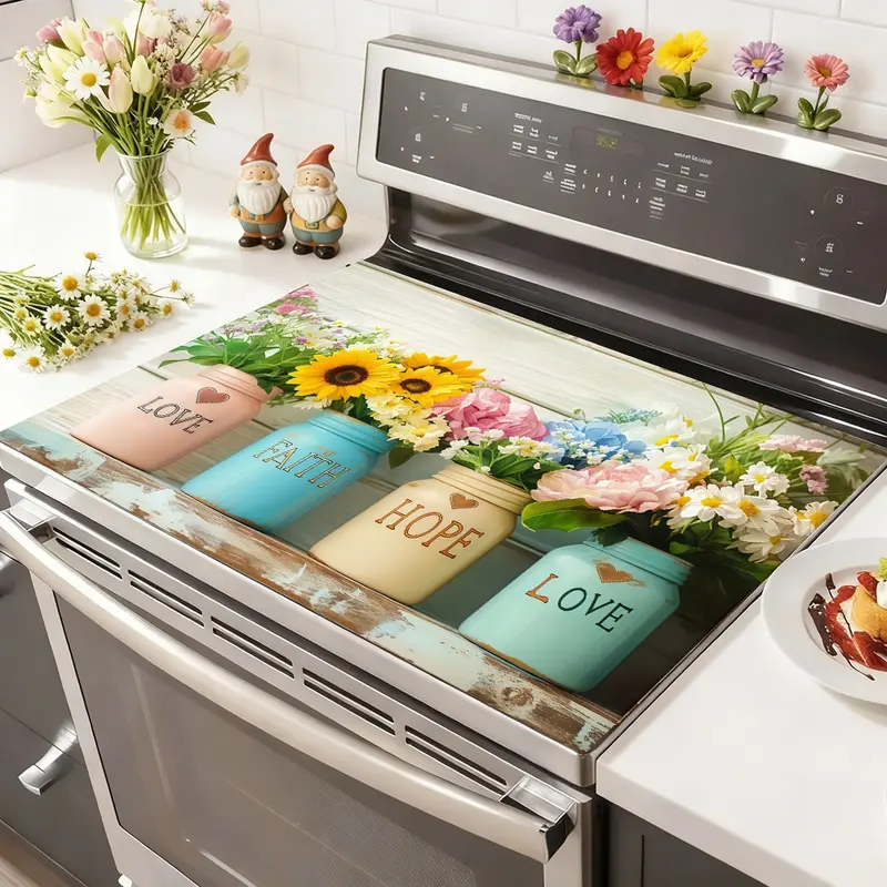 Soft Electromagnetic Stove Panel Protector Pad, Flower Vase Wood Grain Design, Scratch Resistant, Easy to Clean, Multi-Purpose Kitchen Cover, Kitchen Decorative Placemat