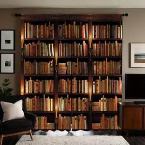 Bookshelf Pattern Curtain, 1 Pair Semi Blackout Curtain, Window Curtain for Home Living Room Bedroom Office Decor, Home Decor