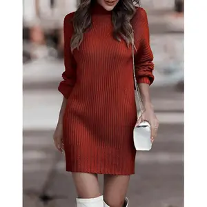 Women's Winter High Neck Sweater Dress Long Sleeve Knitted Elegant Stylish Comfortable Warm Fashion Outfit in Rich Rust Color