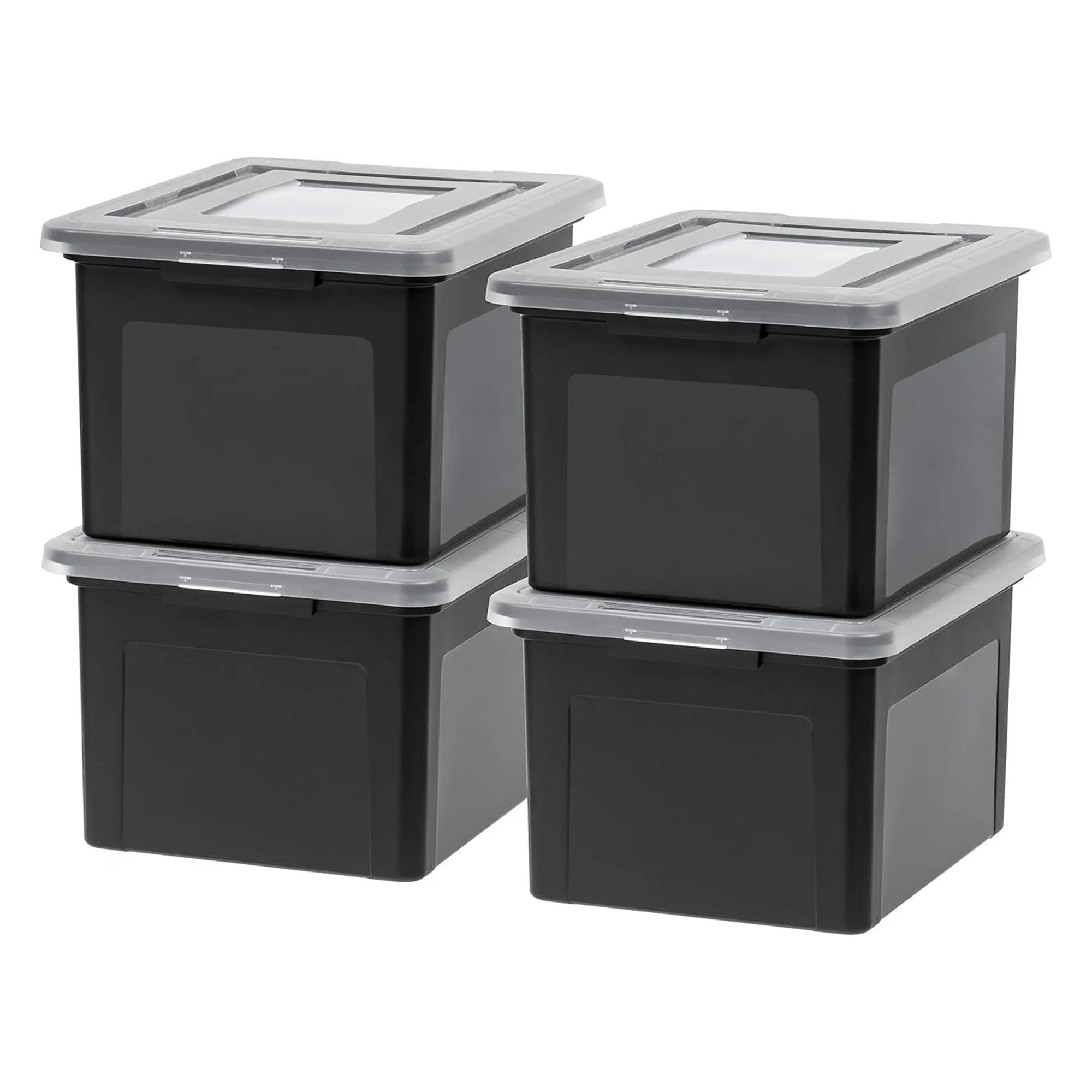 IRIS USA File Box, Plastic 35Qt Stackable Tote Organizers w/ Lids, Black, 4 Pack