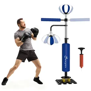 Soozier Boxing Bag Stand with Speed Bag and Reaction Bar Challenge, 55.1"-80.7" Reflex Bag Boxing Training Equipment with Suction Cups and Shock-absorbing System, Blue