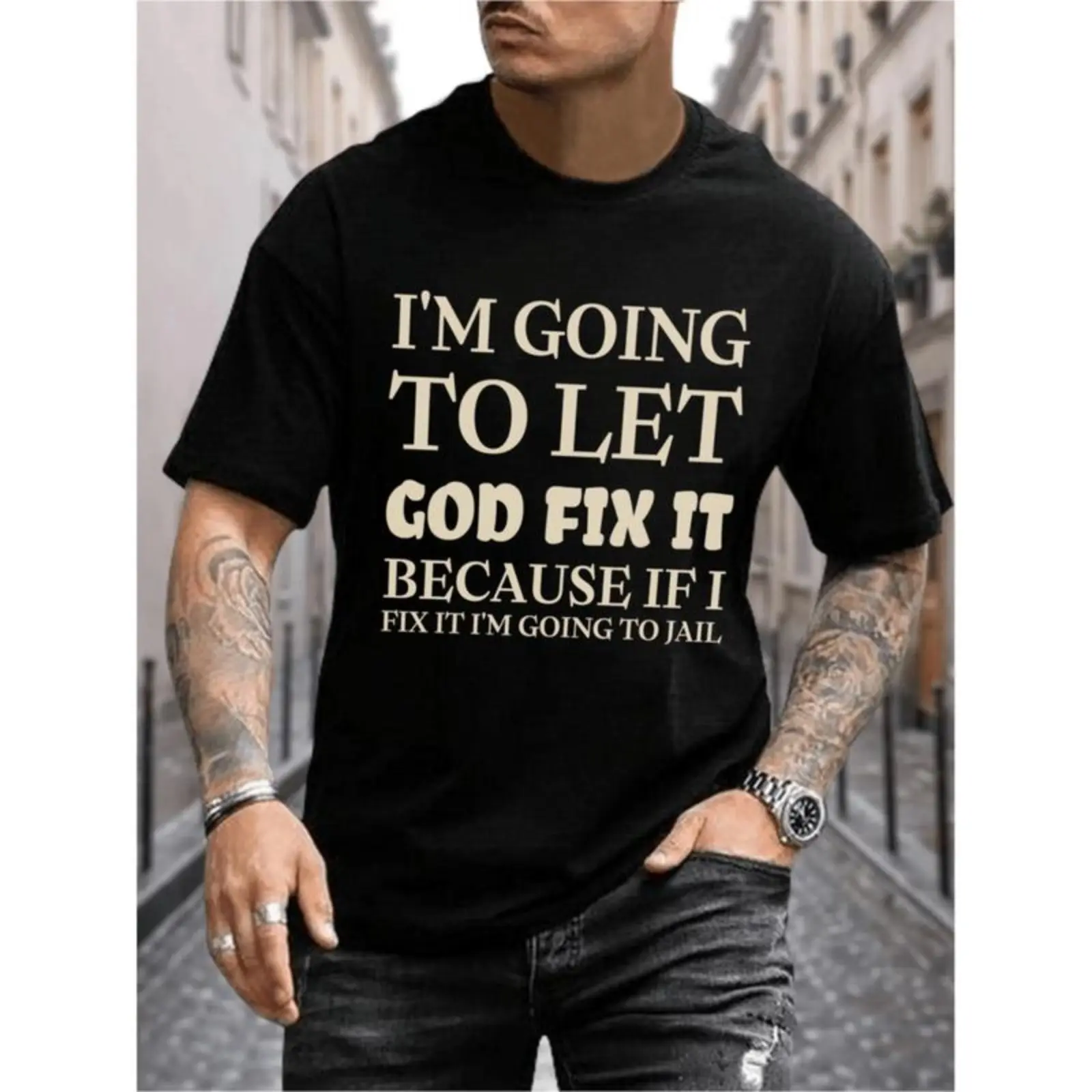 [100% Cotton] Let God Fix It Graphic T-Shirt For Men Casual Summer Short Sleeve Tee With Lettering Lightweight Breathable Relaxed Fit Top T-Shirt For Men
