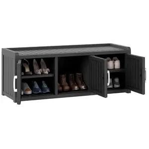 LHBCraft Outdoor Shoe Storage Cabinet, Waterproof UV-Resistant Entryway Storage Bench Indoor Outdoor with Barn Doors,Bedroom, Hallway,Living Room(Black),Christmas gift