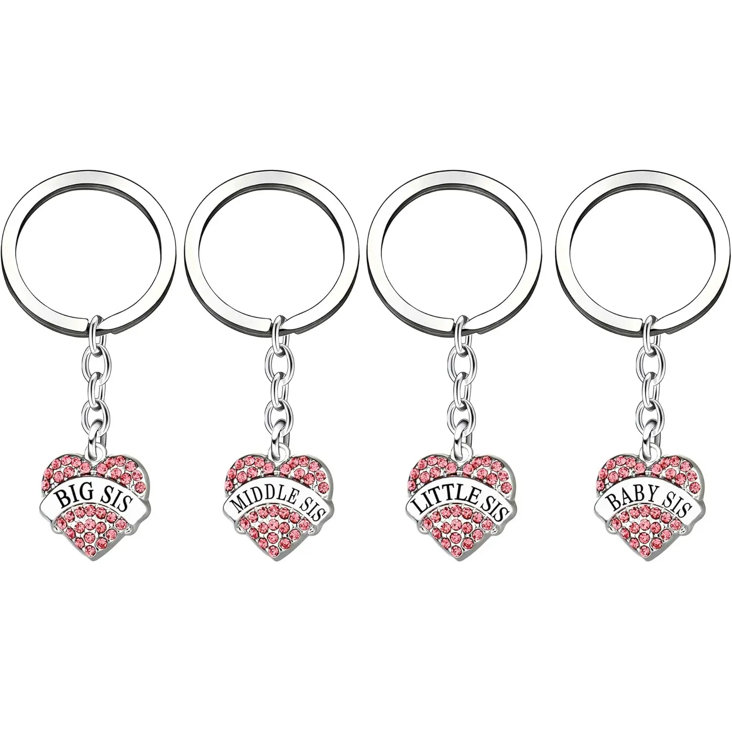 4pcs Women Girl Gift Big Middle Little Baby Sister Love Heart Pendant Key Chain Ring Set Family Jewelry (4pcs Pink B/M/L/B Sister Key Chains)