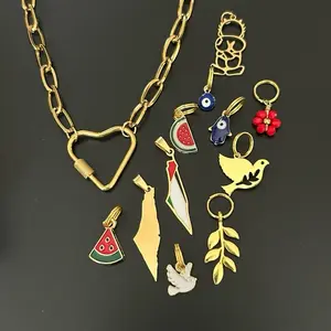 Mix & Match Heart Lock Necklace with Any 3 Charms: Palestine Map, Watermelon, Poppy Flower, Olive Brach, Dove, Hamsa, Eye, Handala. Free Palestine Jewlery