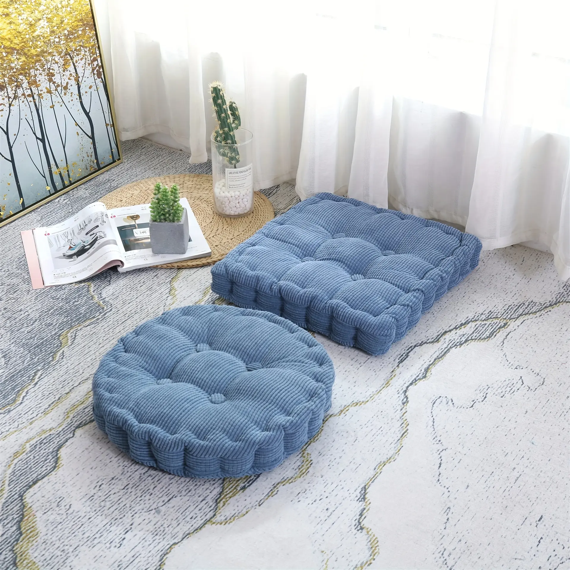 NVSNV Set of 2 Large Floor Pillows and Cushions Thick Soft Velvet Plush Square and Round Seat Cushions with Plush Filler for Contemporary Indoor Outdoor Ottoman Yoga Stool Meditation Chair Rocking Chair Sofa Multi Color Options