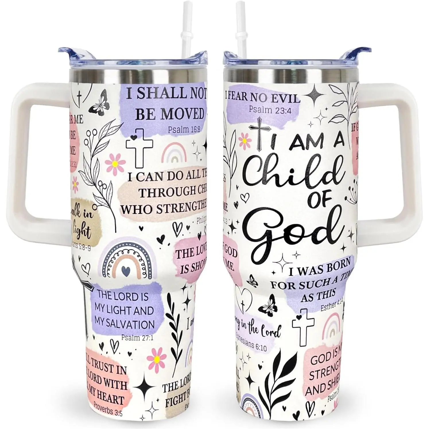 40 Oz Sturdy Stainless Steel Insulated Christian Vacuum Flask - Printed "I am a Child of God" Bible Verse Drink Tumbler with Lid, Straw, Portable Religious Gift for Women for Anniversaries, Peace-Infused Inspiration