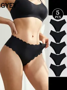 5 Pack Women's Seamless Soft Comfy Panties - Black Mid Rise Scalloped Edge Elegant Nylon Spandex Blend No Show Underwear