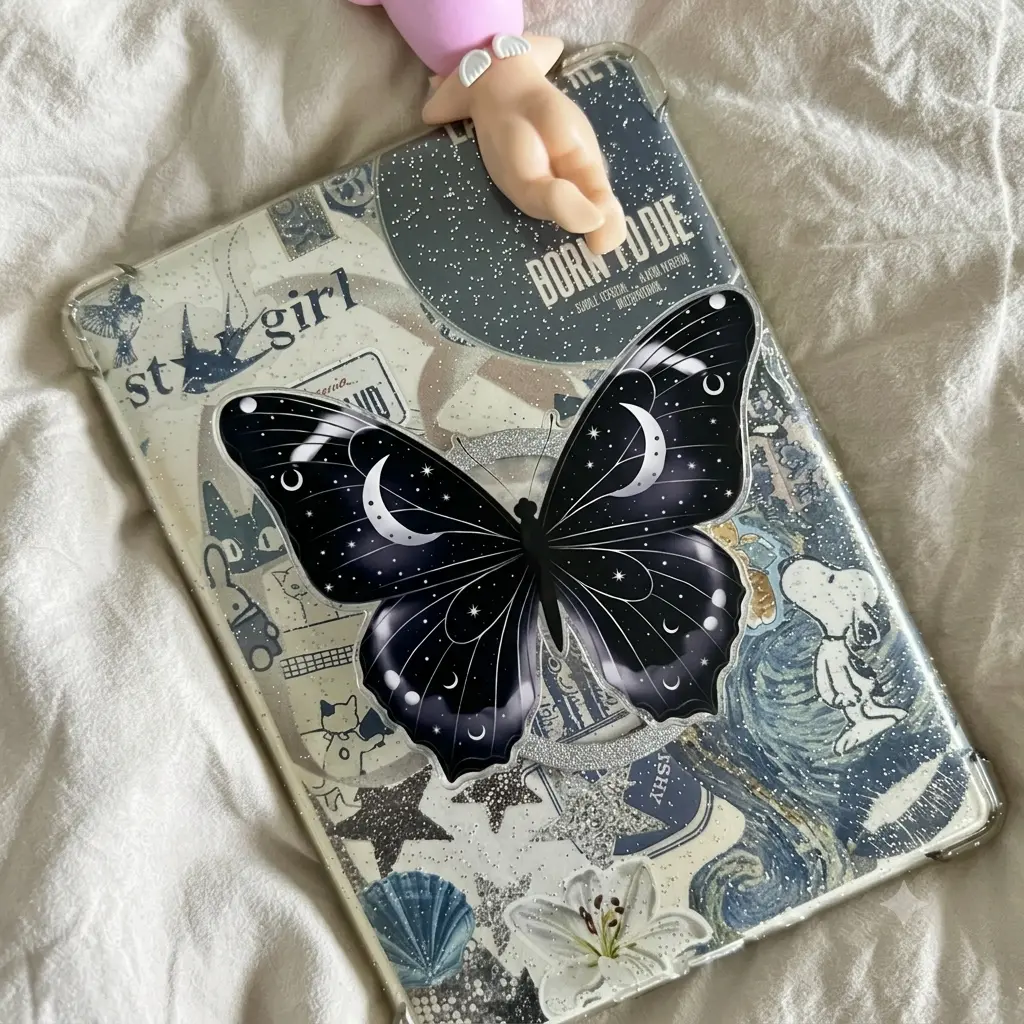 Crescent Moon Butterfly Phone Grip Black Acrylic Phone Stand Mystic Celestial Holder Gothic Phone Accessory Witchy Vibe Griptok Moody Dark Academia Gift Pretty Goth Button
