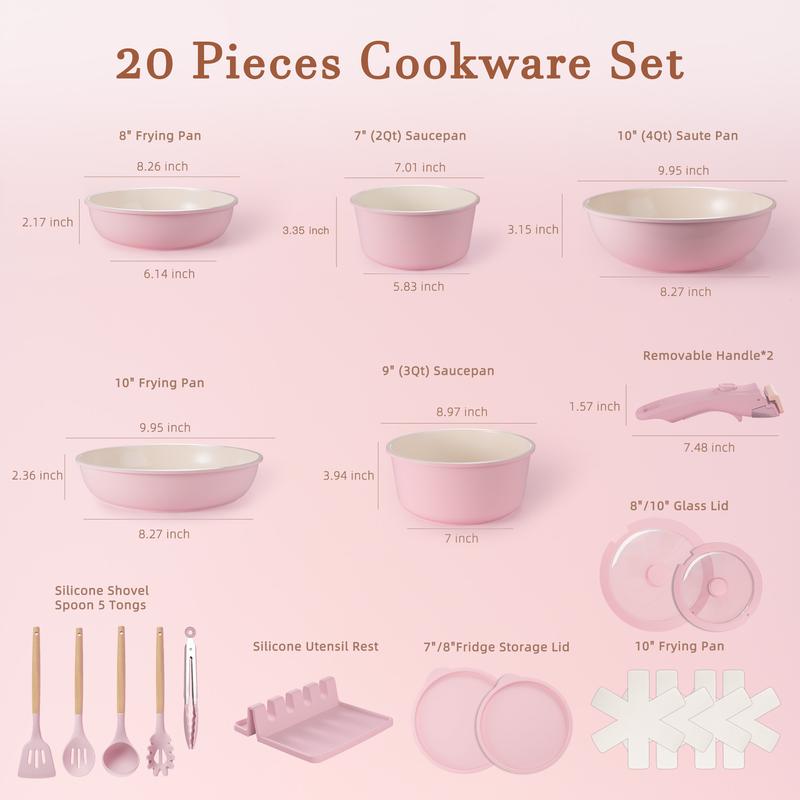 Astercook 20pcs Non-Stick Pots and Pans Set with Detachable Handle, Oven Safe, Stackable, Non-Stick RV Kitchen Cooking Set Modern Aluminum Dishwasher Safe