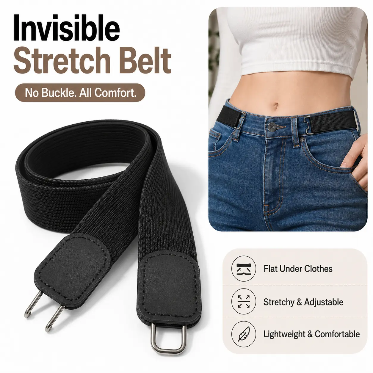 No Buckle Stretch Belt for Men & Women, Adjustable Invisible Waist Belt for Jeans, Pants & Dresses, Comfortable Flat Belt for Everyday Wear