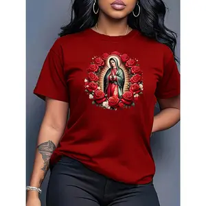 Women's Red 100% Cotton T - Shirt Our Lady Of Guadalupe And Rose Graphic Tee Religious And Elegant Top For Casual Daily Wear Church Gatherings And Faith - Inspired Style Statements