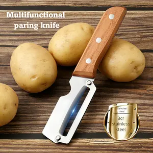 2 PCS 2 in 1 Multi Functional Vegetable Peeler with Bottle Opener and Wooden Handle Stainless Steel Blade Kitchen Tool for Sugar Cane Potato Fruit Pineapple Pumpkin Papaya Carrot Veggie Peeler