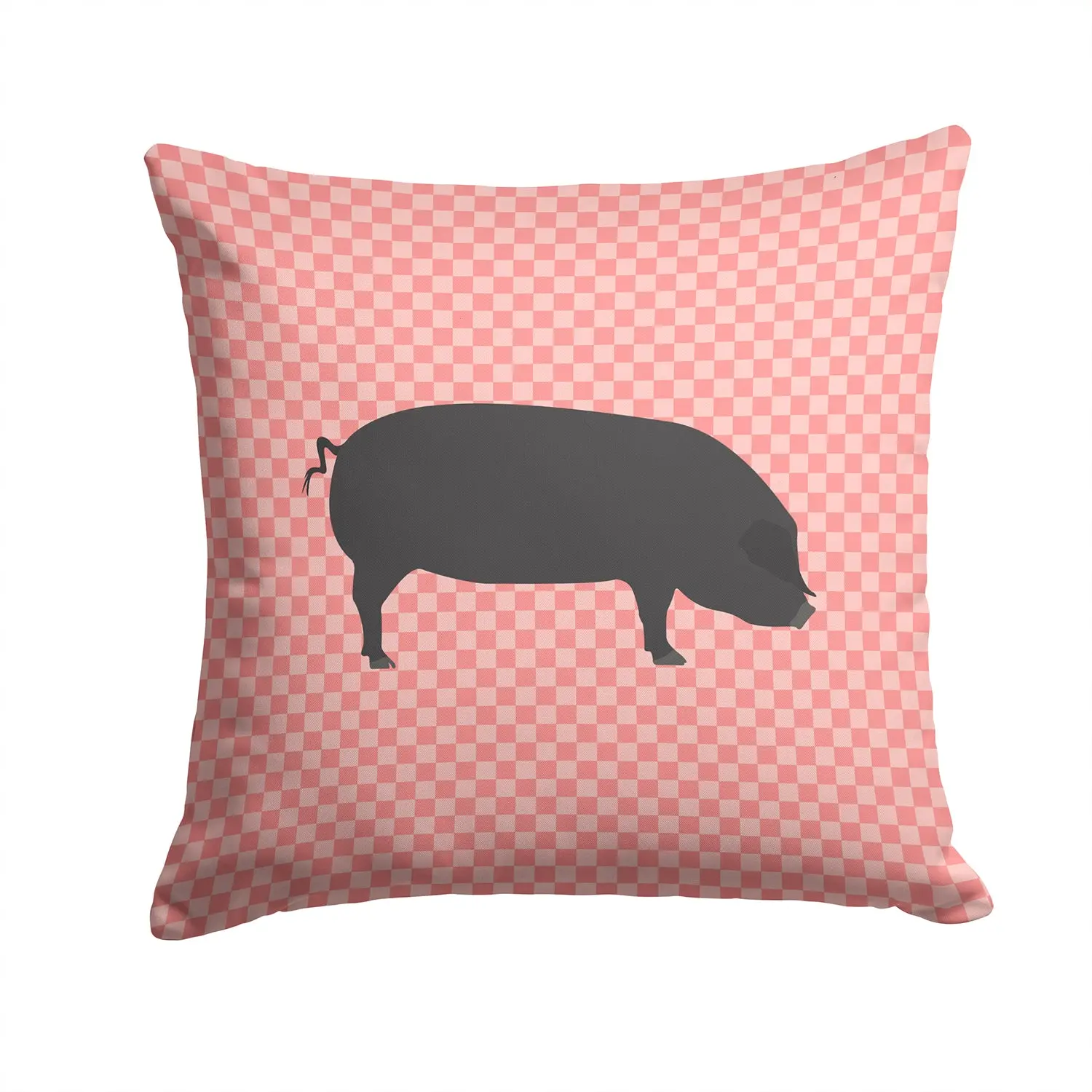 CAROLINE'S TREASURES Handcrafted Artistic Pig Devon Large Black Pink Check Polyester Throw Pillow, 14x14 in Water-Resistant Indoor-Outdoor Accent Cushion with Cover & Insert for Sofa, Outdoor Seating