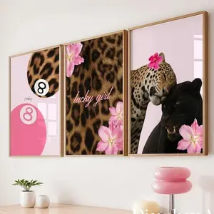 Pink Leopard Wall Art Set of 3 Preppy Cheetah Gallery Posters, Girly Y2K Fashion Poster for Teen & Dorm Room Decor, Trendy Stylish Pink Posters