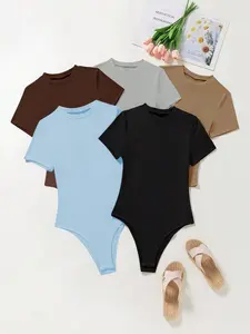 Women's Solid Round Neck Bodysuit, Casual Short Sleeve Bodysuit for Spring & Fall, Ladies Clothes for Daily Wear