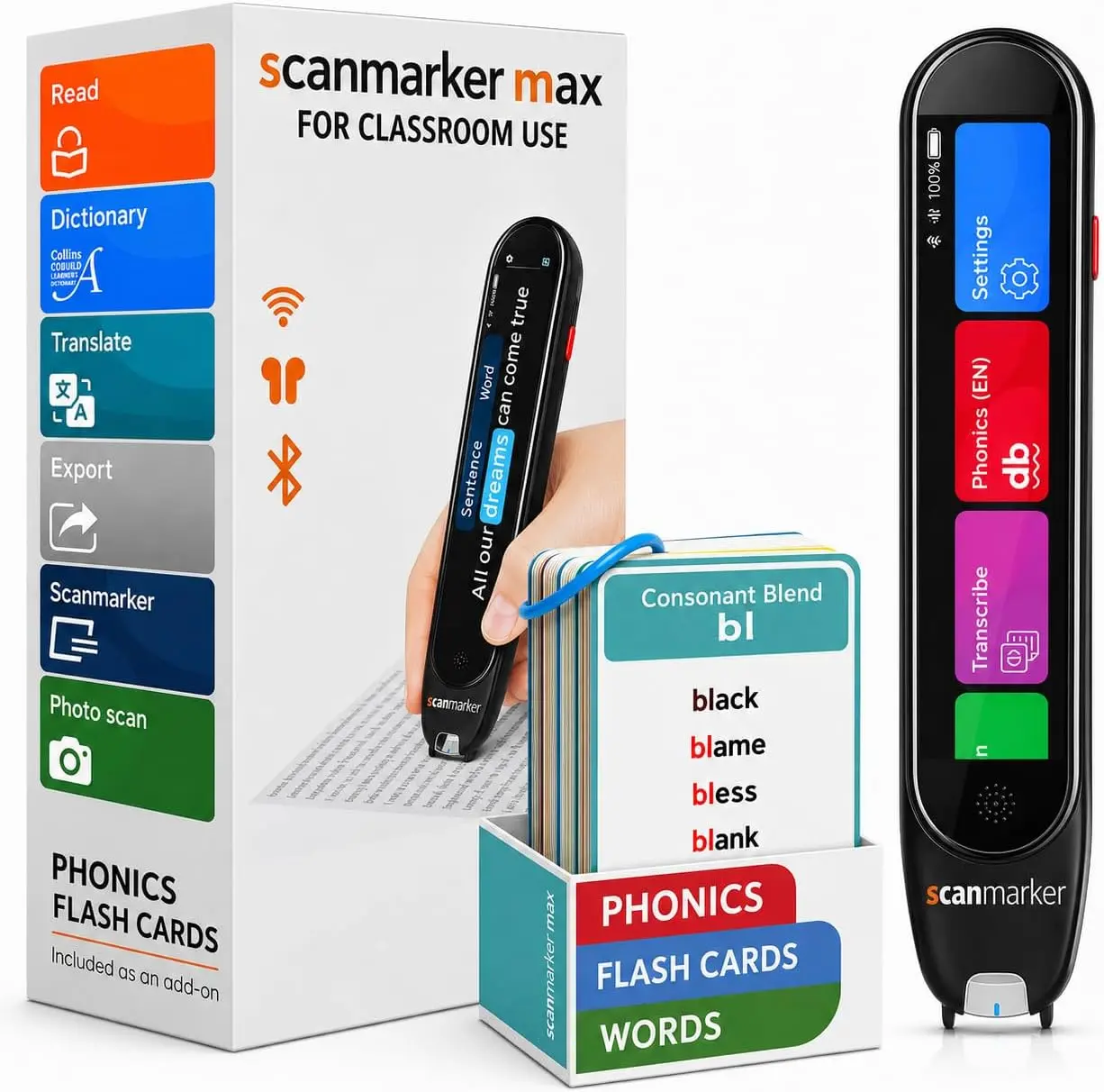 Scanmarker Max Reading Pen & 161 Phonics Cards Bundle, Text-to-Speech, 100+ Language Translation, Teacher Lock & Web App