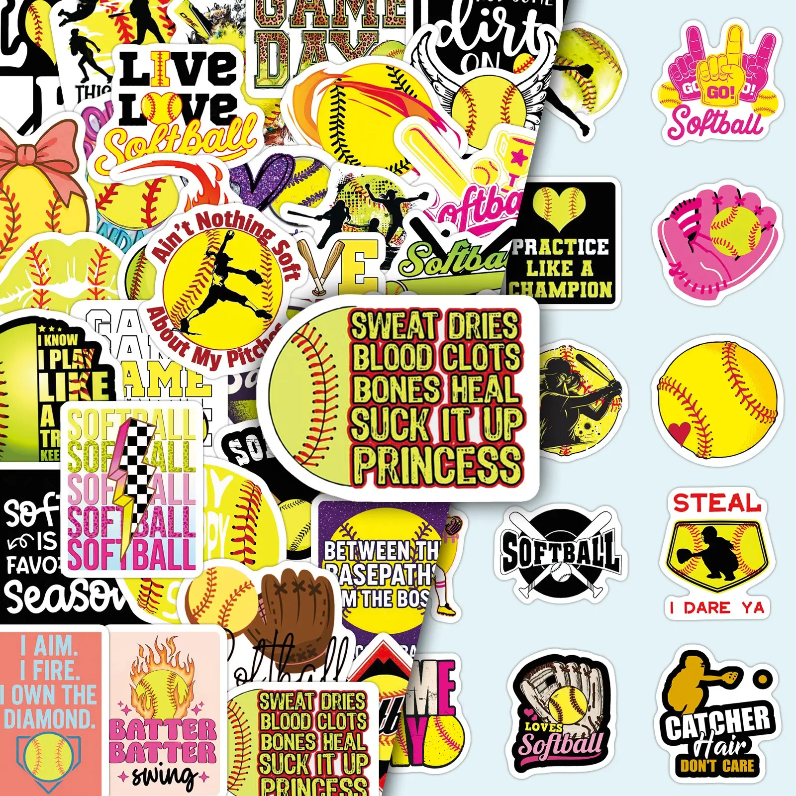 50 Unique Softball Sports-Themed Creative Decorative DIY Stickers for Scrapbooks, Phone Cases, Cellphone Accessories, Luggage, and Skateboards