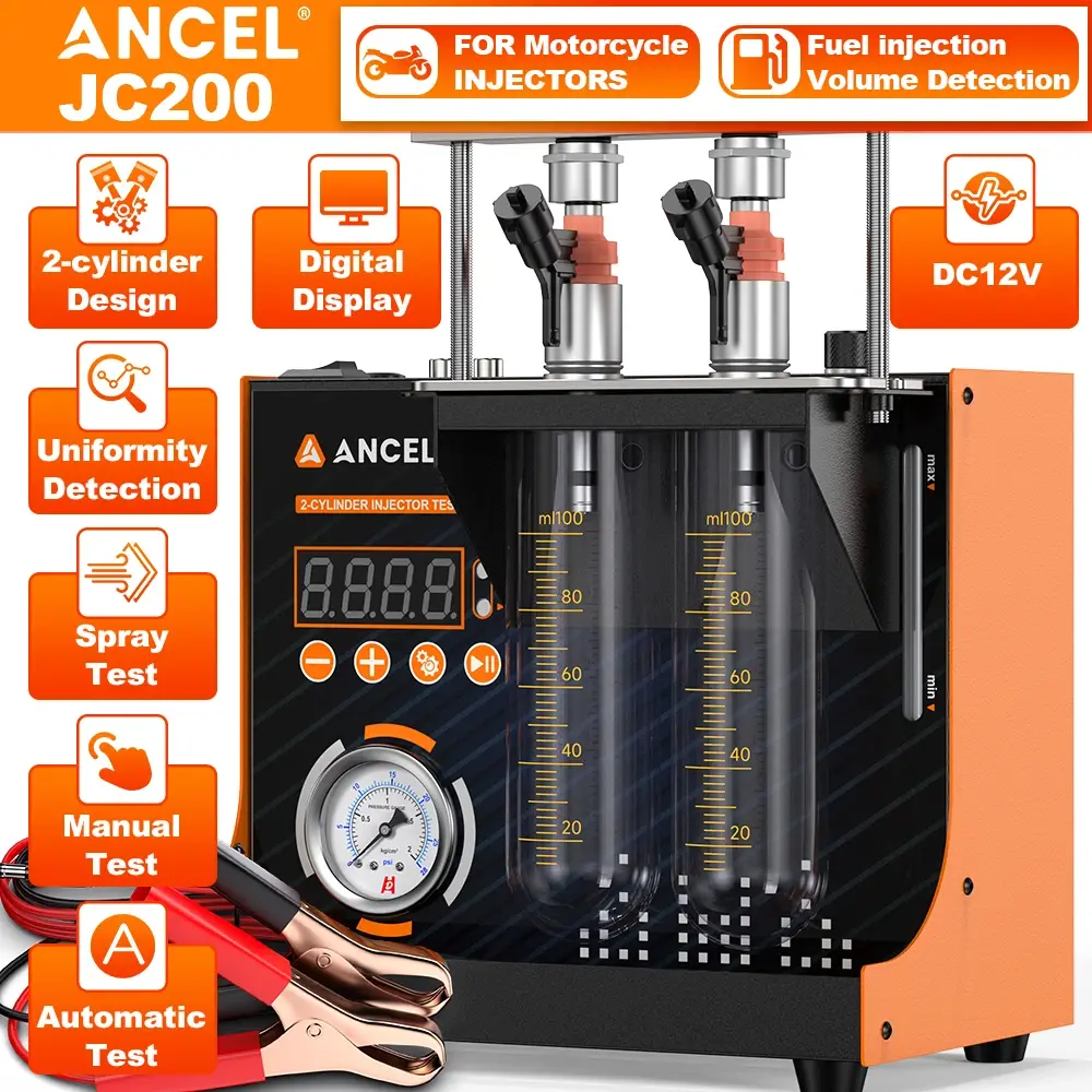 ANCEL JC200 2-Cylinder Injector Cleaner Tester Machine, Diagnostic Tool with Cleaning Function, Built-in Air Pump, Pressure Adjustment for 12V Cars & Motorcycles (Automotive Repair & Inspection Tool)