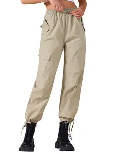 INSPIRE CHIC Women's Cargo Pants with Pockets Lightweight High Waist Elastic Drawstring Casual Trousers Khaki