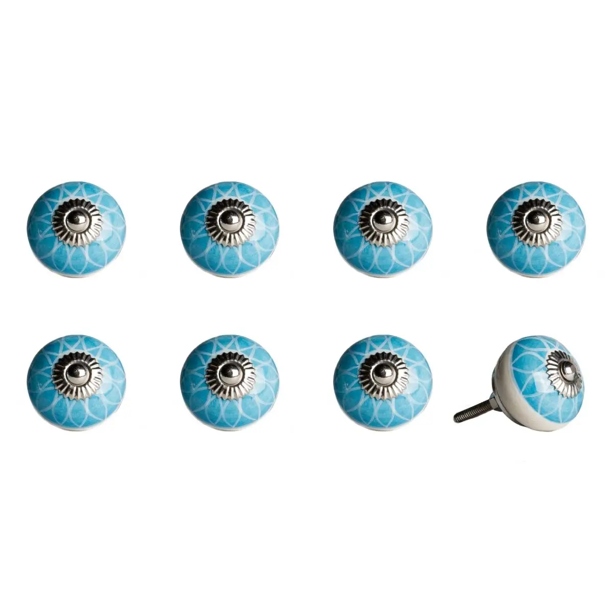 212 MAIN Knob-it Vintage Hand Painted Ceramic Round Decorative Knob Set - Aqua & White, 8-Pack, Door Hardware, Vintage Door Knobs, Decorative Knobs