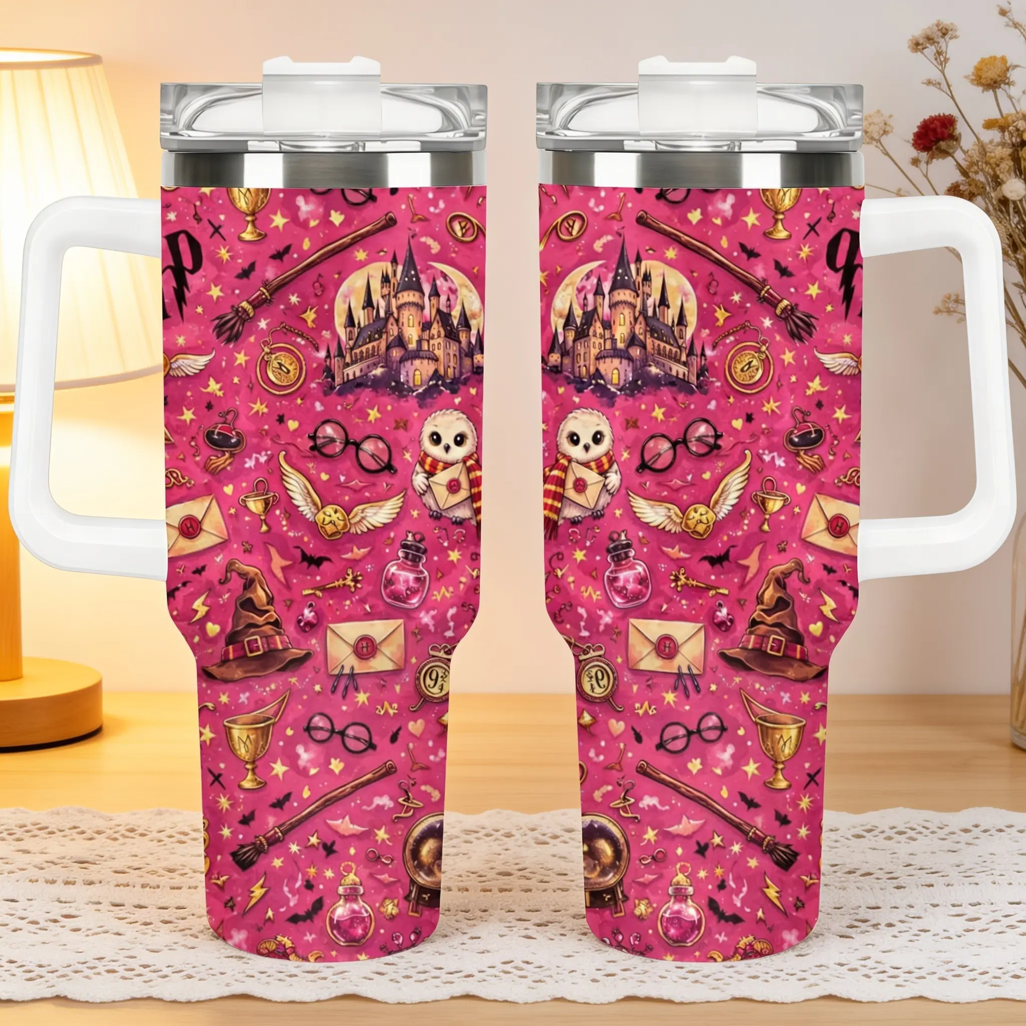 HP Wizard College Fan Gift Tumbler, Pink Magic Castle Owl Large Handle Travel Drinking Cup, Unique Present for Magic Fantasy Lovers