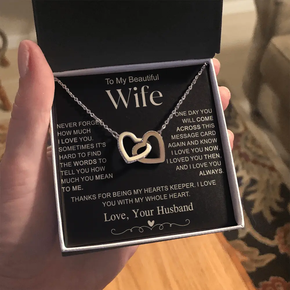 Husband to Wife Necklace Gift - Interlocking Hearts Pendant, Anniversary & Birthday Present for Wife, Romantic Jewelry with Message Card