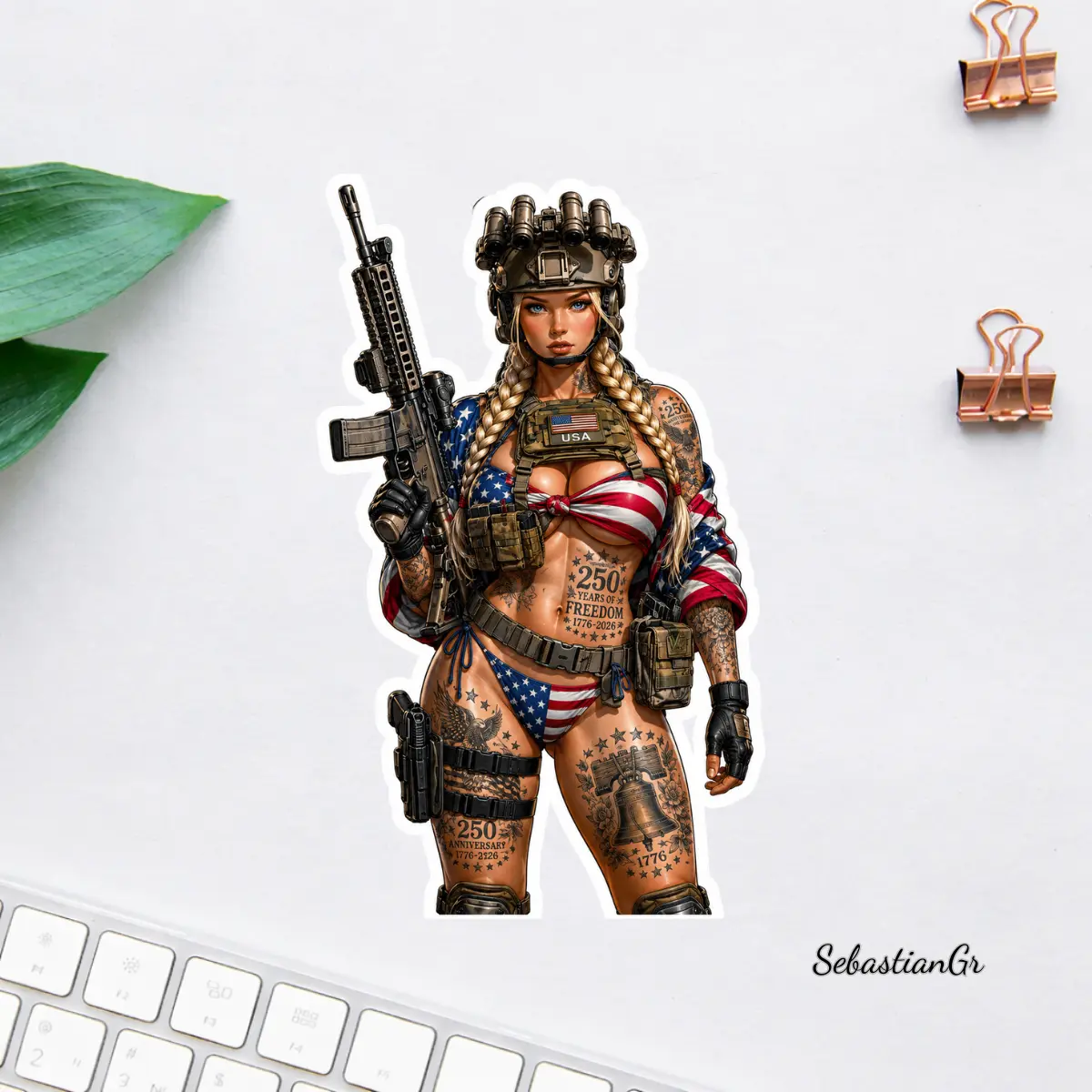 Blonde Tactical Freedom Girl Sticker, USA 250th Anniversary Liberty Tattoo Design, American Flag Patriot Decal