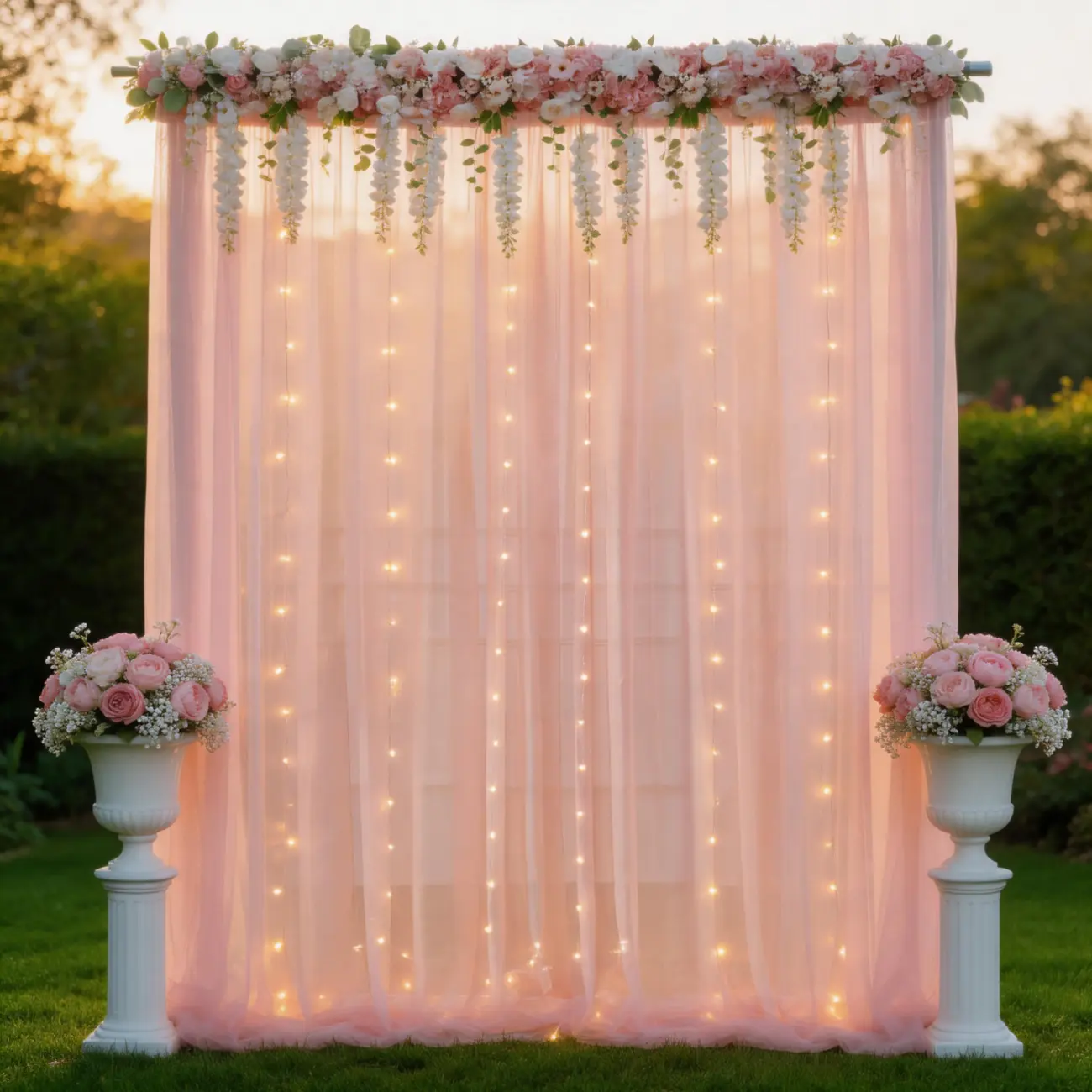 6-Panel 5x10FT Pink Chiffon Draping Fabric Set with Twinkling String Lights, Soft Gossamer Curtains for Wedding Reception, Photo Backdrops, Multi-Use Home & Festive Event Decor, Twinkling Lights, Six Panels