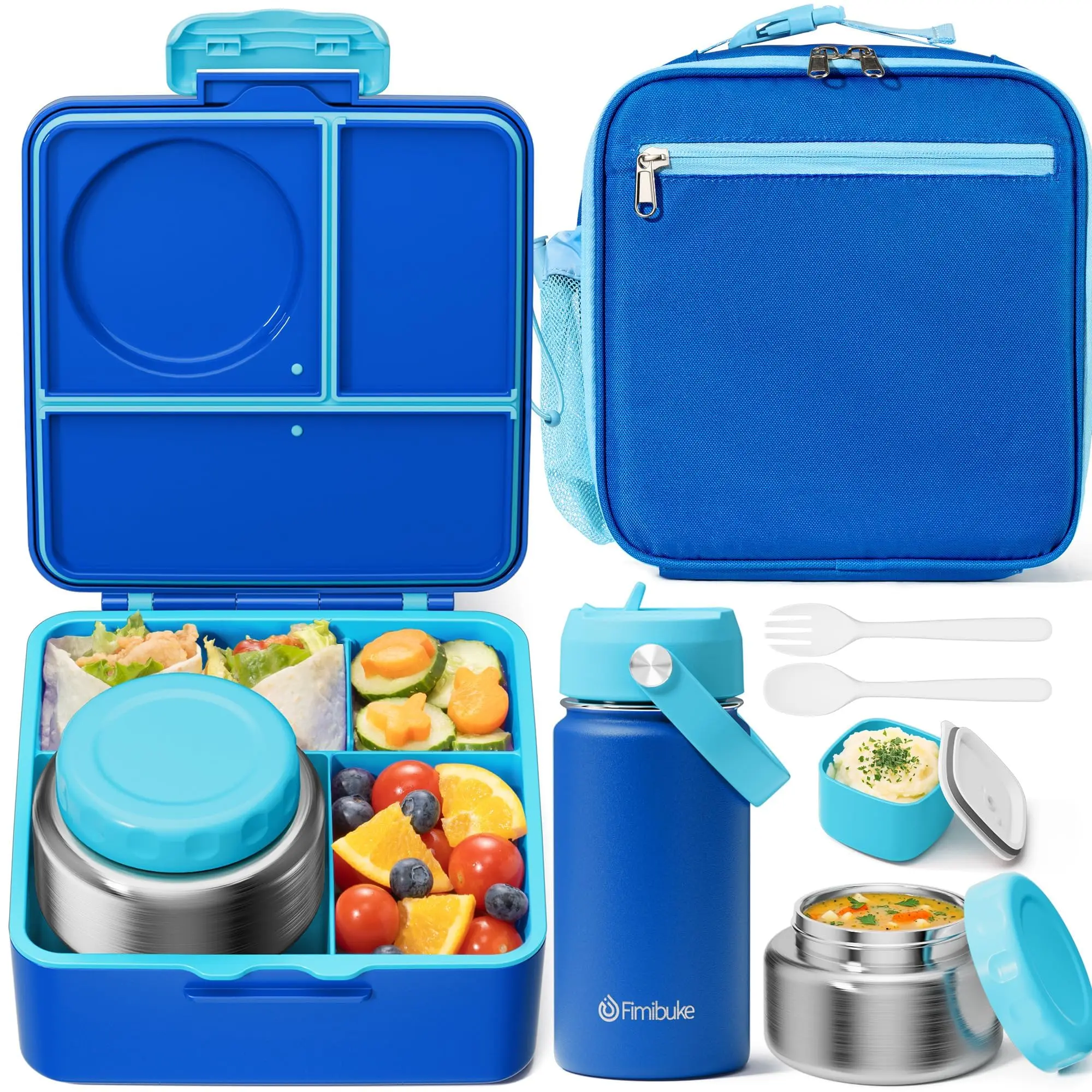 Fimibuke Bento Box, BPA Free & Leakproof Lunch Box with 8.5oz Insulated Thermos Food Jar, Utensils & Sauce Jar, Dishwasher Safe 3 or 4 Compartment Container for School Girl & Boy dealsforyoudays