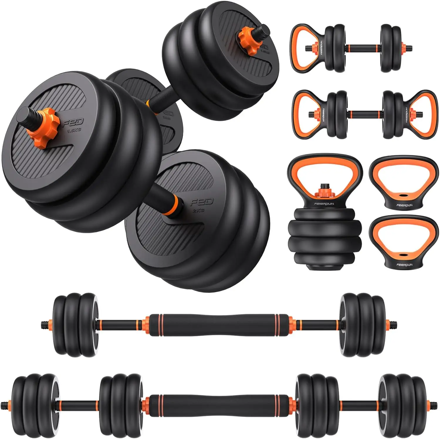 Feierdun FED Fitness DS2 Adjustable Dumbbell Set (20/45/70/90lbs) - Multifunctional 5-in-1 Free Weights with Connector, Converts to Barbell/Kettlebell/Push-Up Stand, Compact All-in-1 Weight Lifting Home Gym Equipment Saves Home-Gym Space for Men & Women