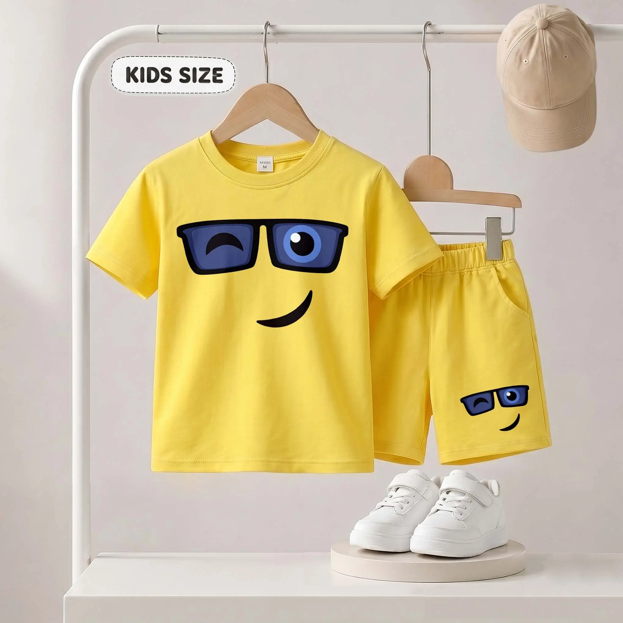 Boys' 2-Piece Crew Neck Funny Faces Print Short-Sleeve T-Shirt & Shorts Matching Outfits Set, Comfortable Breathable Casual Summer Kids' Clothing for Everyday Wear, Outdoor Play, Matching Outfits Boys' Sets