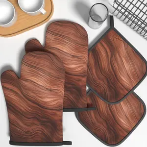 4pcs Heat Resistant Oven Mitts And Potholders Rich Brown Wood Grain Oven Mitts And Pot Holders Sets Suitable For Home Kitchen Decoration, Cooking, Grilling, Baking And Great Holiday Camping Picnics Gifts Kitchenware