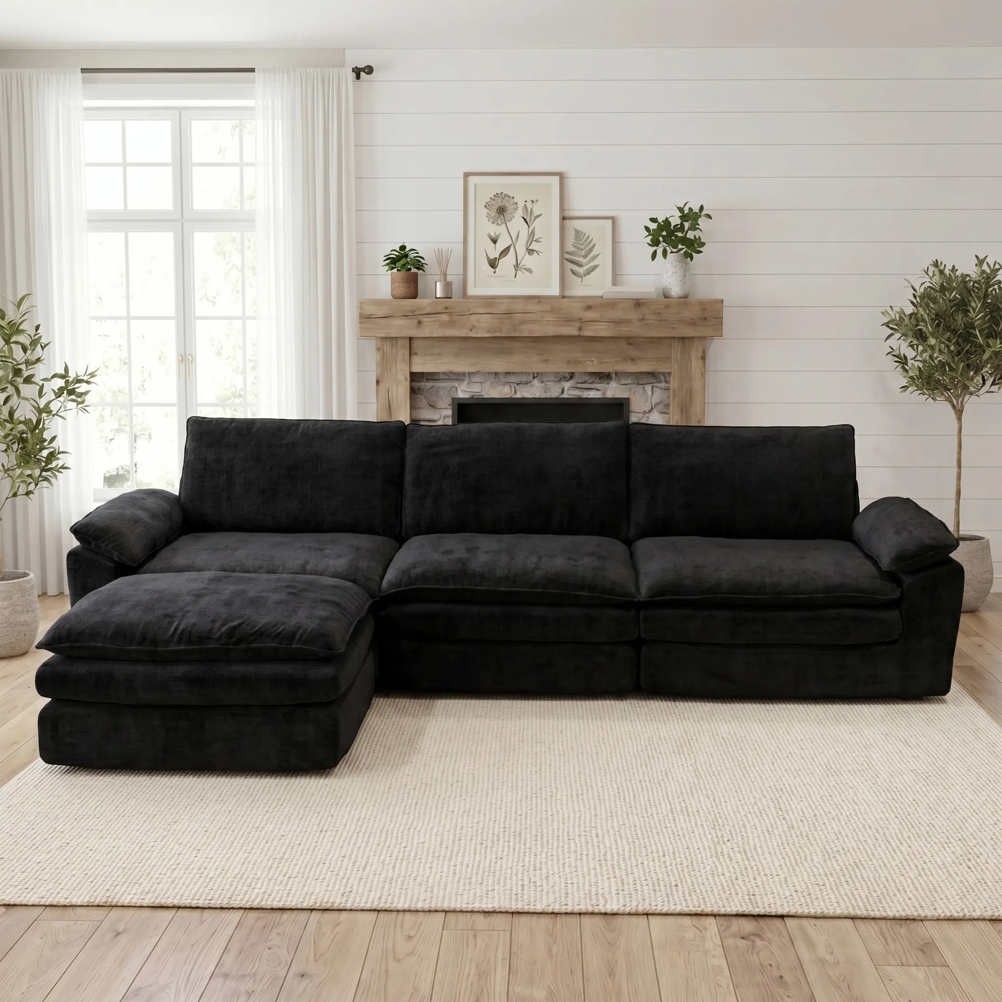 118" Modular Sectional Sofa, Comfy Cloud Couch with Ottoman, Chenille Sofa Sleeper Deep Seat Sofa with Throw Pillows for Living Room Chenille Upholstered Sofas Black Sectional Couch
