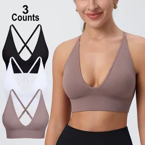 Women's Criss Cross Backless Padded Sports Bras,Adjustable Deep V Neck Bras Wireless Spaghetti Strap Low Support Sexy Bras,Ladies Pickleball Tennis Gym Running Workout Yoga Top Clothes