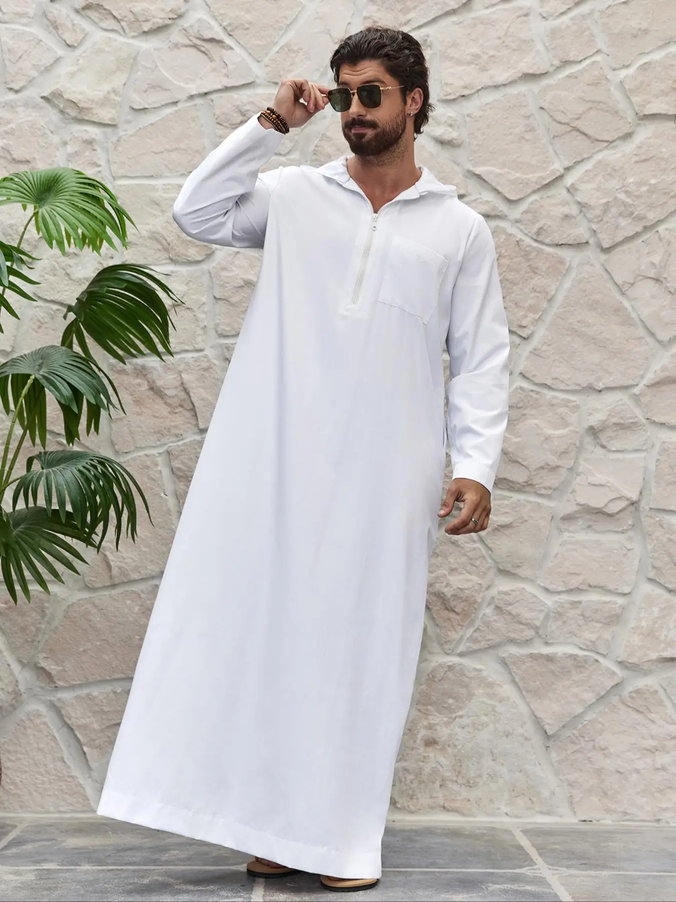 Men's Solid Pocket Zipper Hooded Muslim Kaftan, Loose Modest Casual Long Sleeve Kaftan, Men's Islamic Clothing for All Seasons Daily Wear