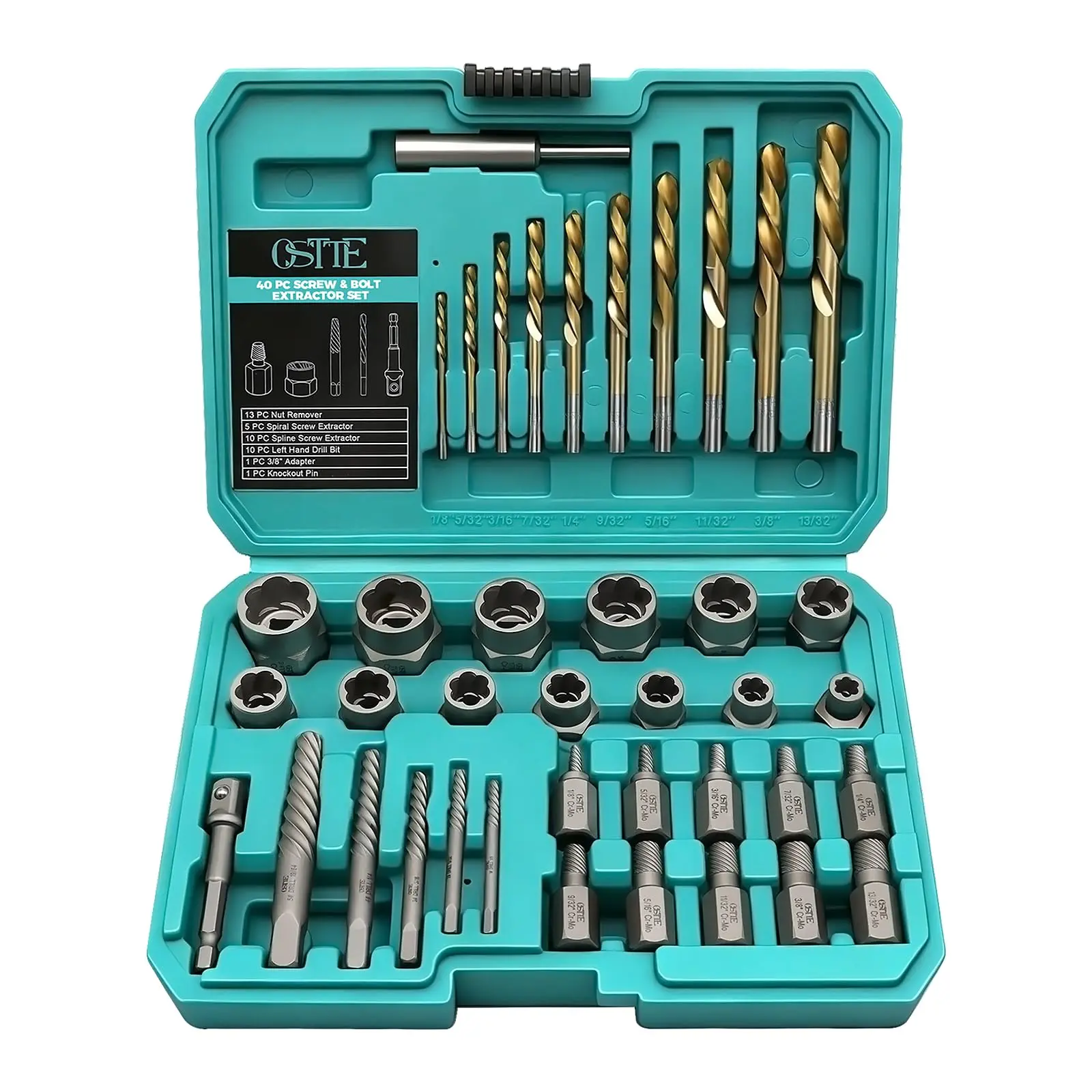 Bolt Extractor Kit & Screw Extractor Set, 40 Pcs with Left Hand Cobalt Drill Bits & Easy Out for Removal of Broken, Stripped, Rusted, Frozen, Rounded-Off Screws, Bolts, Studs, Nuts