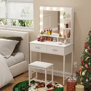 Lifewit Black Makeup Dressing Table, Vanity Desk with Power Outlet, Mirror and Lights, 3 Lighting Modes Adjustable Brightness, Suitable for Bedroom/Bathroom