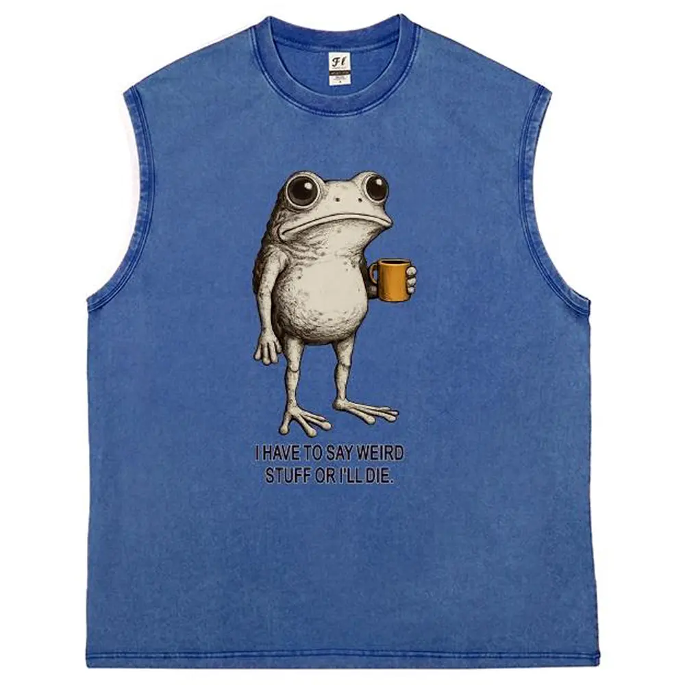 Funny Frog Coffee Graphic Sleeveless Tank Top | Weird Humor Graphic Shirt | Vintage Heavyweight Snow Wash Cotton Tank | Men's Oversized Summer Streetwear | Cute Frog Graphic Tee